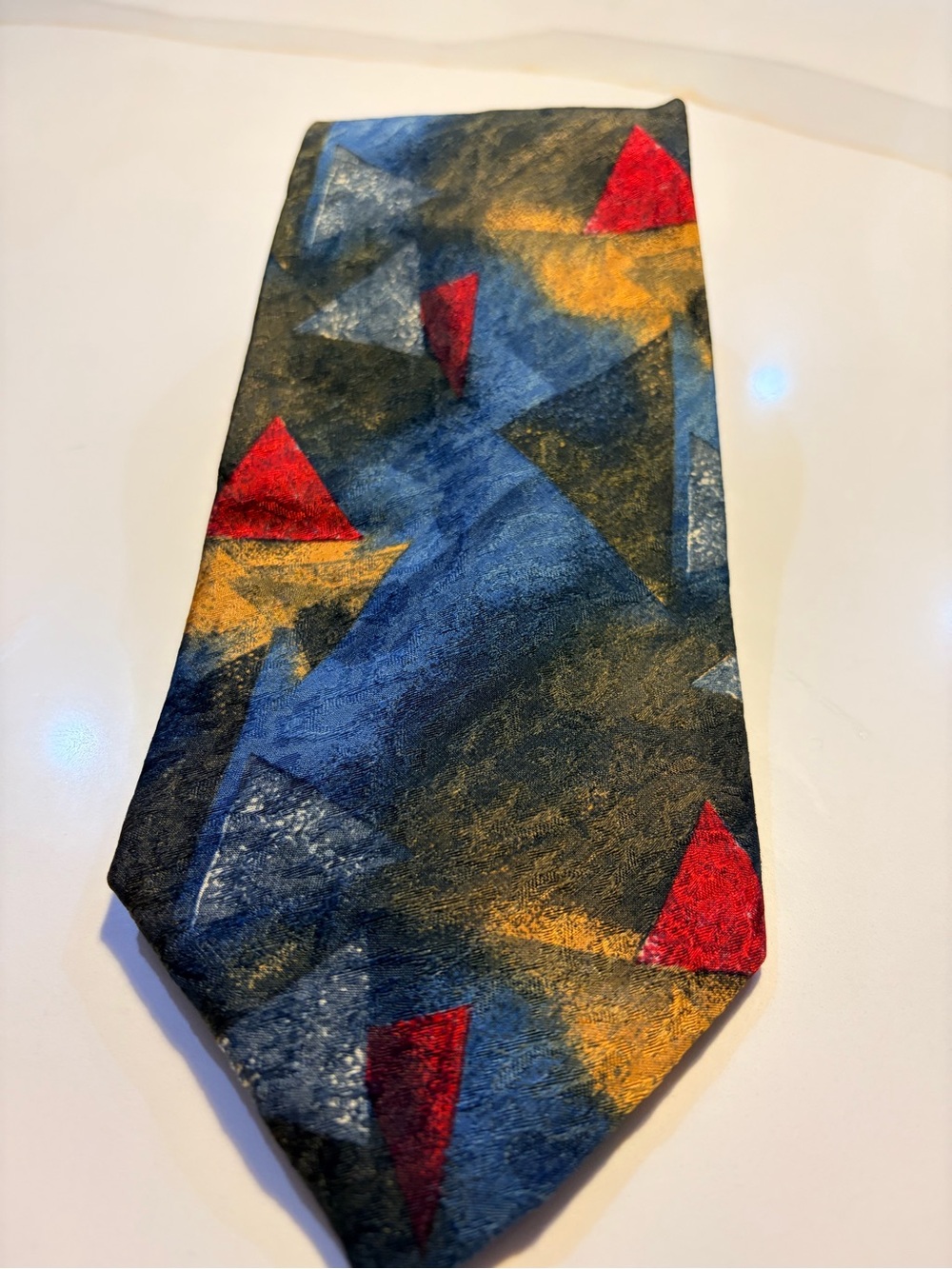 Bally Men's Geometric Silk Tie in Blue with Red and Gold Accents
